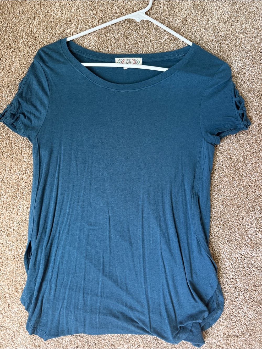 Pink Rose Teal Short-Sleeve Knit Top with Lattice Sleeve Detail
